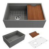 BOCCHI - Contempo Step-Rim Apron Front Fireclay 30 in. Single Bowl Kitchen Sink with Integrated Work Station & Accessories in Matte Gray - Matte Gray