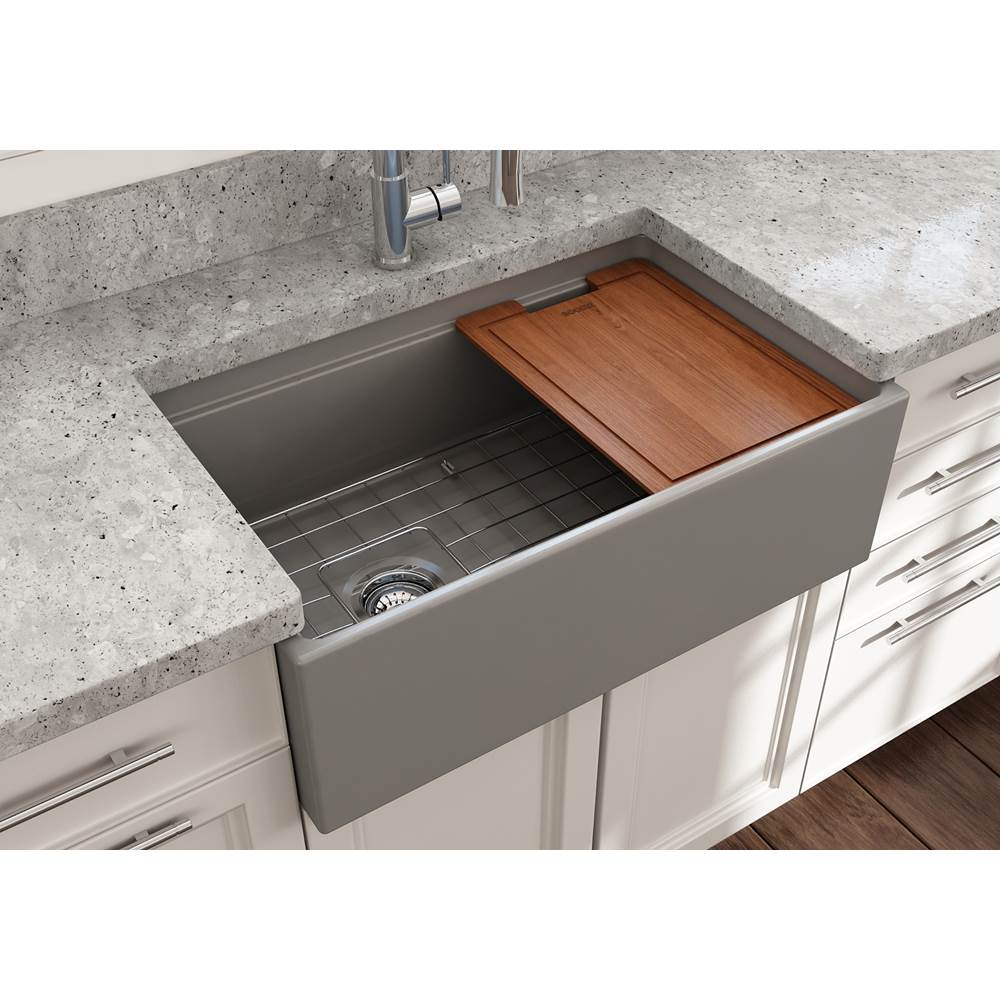 Contempo Step-Rim Apron Front Fireclay 30 in. Single Bowl Kitchen Sink with Integrated Work Station & Accessories in White