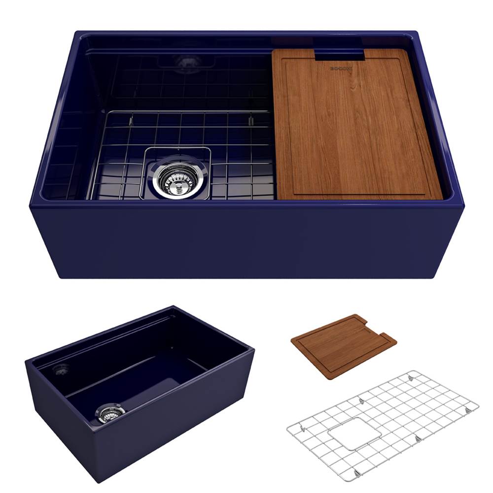 BOCCHI - Contempo Step-Rim Apron Front Fireclay 30 in. Single Bowl Kitchen Sink with Integrated Work Station & Accessories in Sapphire Blue - Sapphire Blue