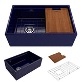 BOCCHI - Contempo Step-Rim Apron Front Fireclay 30 in. Single Bowl Kitchen Sink with Integrated Work Station & Accessories in Sapphire Blue - Sapphire Blue