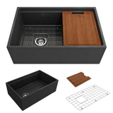 BOCCHI - Contempo Step-Rim Apron Front Fireclay 30 in. Single Bowl Kitchen Sink with Integrated Work Station & Accessories in Matte Dark Gray - Matte Dark Gray