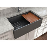 Contempo Step-Rim Apron Front Fireclay 30 in. Single Bowl Kitchen Sink with Integrated Work Station & Accessories in White