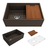 BOCCHI - Contempo Step-Rim Apron Front Fireclay 30 in. Single Bowl Kitchen Sink with Integrated Work Station & Accessories in Matte Brown - Matte Brown