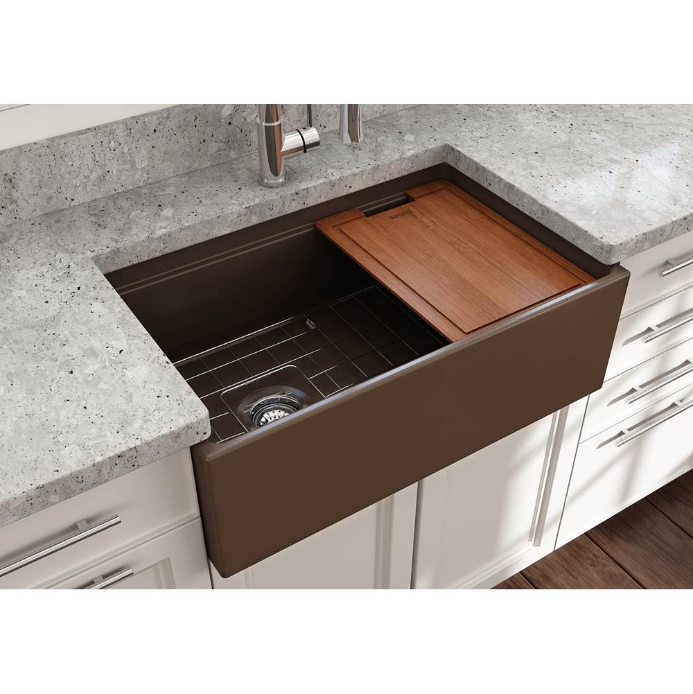 Contempo Step-Rim Apron Front Fireclay 30 in. Single Bowl Kitchen Sink with Integrated Work Station & Accessories in White