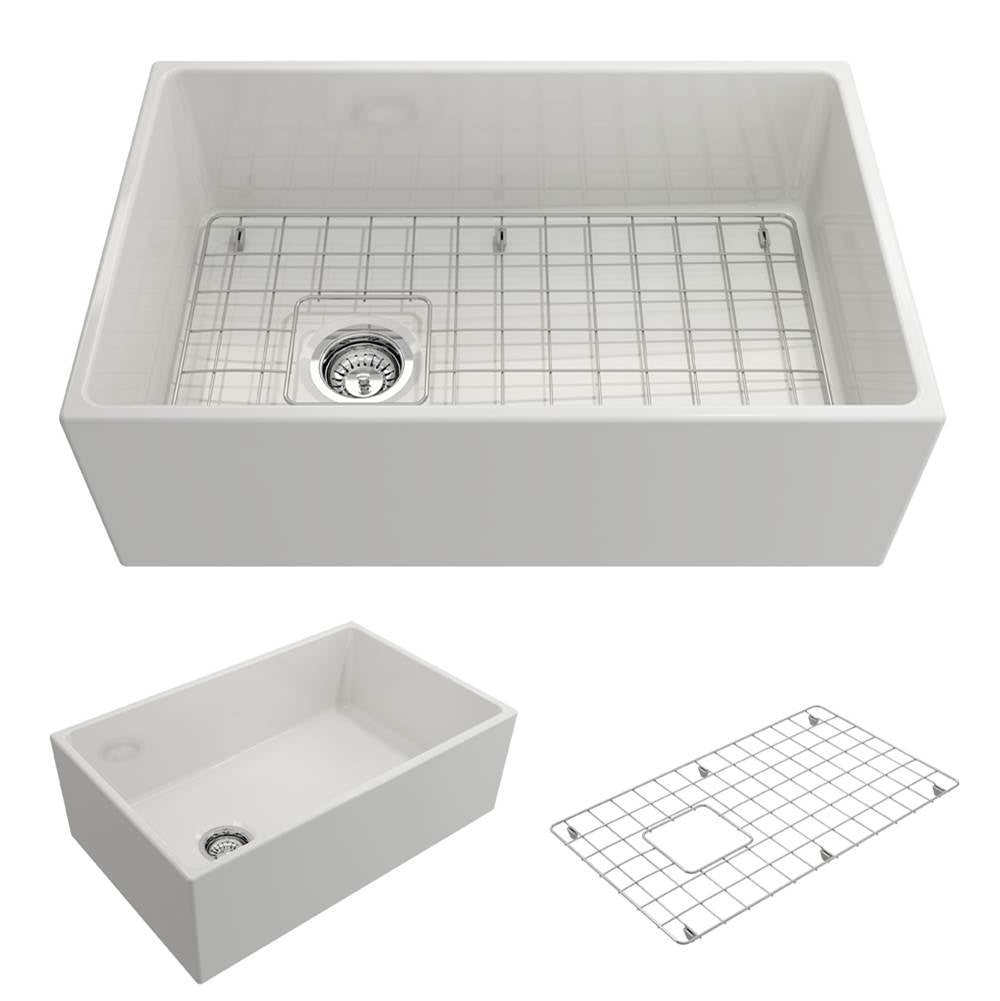 BOCCHI - Contempo Apron Front Fireclay 30 in. Single Bowl Kitchen Sink with Protective Bottom Grid and Strainer in White - White