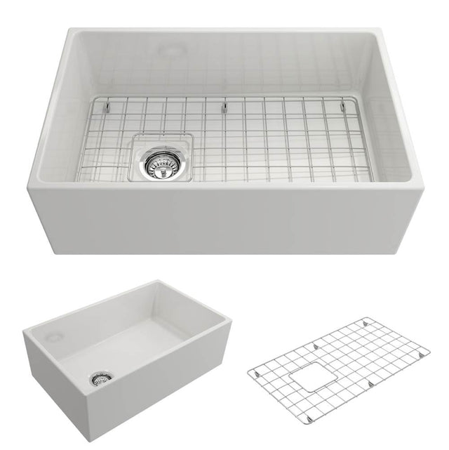 BOCCHI - Contempo Apron Front Fireclay 30 in. Single Bowl Kitchen Sink with Protective Bottom Grid and Strainer in White - White