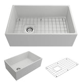BOCCHI - Contempo Apron Front Fireclay 30 in. Single Bowl Kitchen Sink with Protective Bottom Grid and Strainer in Matte White - Matte White