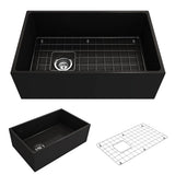 BOCCHI - Contempo Apron Front Fireclay 30 in. Single Bowl Kitchen Sink with Protective Bottom Grid and Strainer in Matte Black - Matte Black