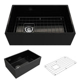 BOCCHI - Contempo Apron Front Fireclay 30 in. Single Bowl Kitchen Sink with Protective Bottom Grid and Strainer in Black - Black