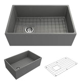 BOCCHI - Contempo Apron Front Fireclay 30 in. Single Bowl Kitchen Sink with Protective Bottom Grid and Strainer in Matte Gray - Matte Gray
