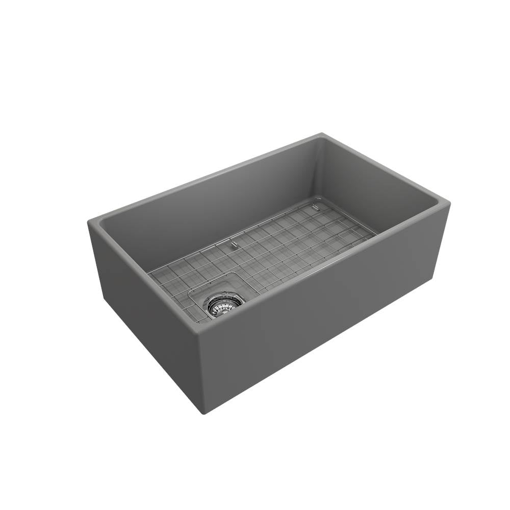 Contempo Apron Front Fireclay 30 in. Single Bowl Kitchen Sink with Protective Bottom Grid and Strainer in White
