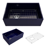 BOCCHI - Contempo Apron Front Fireclay 30 in. Single Bowl Kitchen Sink with Protective Bottom Grid and Strainer in Sapphire Blue - Sapphire Blue