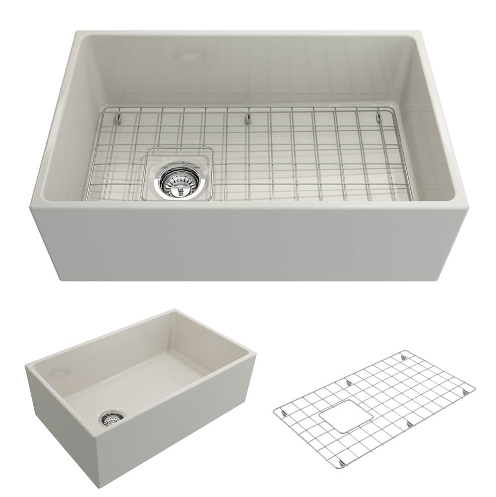 BOCCHI - Contempo Apron Front Fireclay 30 in. Single Bowl Kitchen Sink with Protective Bottom Grid and Strainer in Biscuit - Biscuit