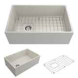 BOCCHI - Contempo Apron Front Fireclay 30 in. Single Bowl Kitchen Sink with Protective Bottom Grid and Strainer in Biscuit - Biscuit