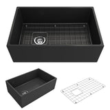 BOCCHI - Contempo Apron Front Fireclay 30 in. Single Bowl Kitchen Sink with Protective Bottom Grid and Strainer in Matte Dark Gray - Matte Dark Gray