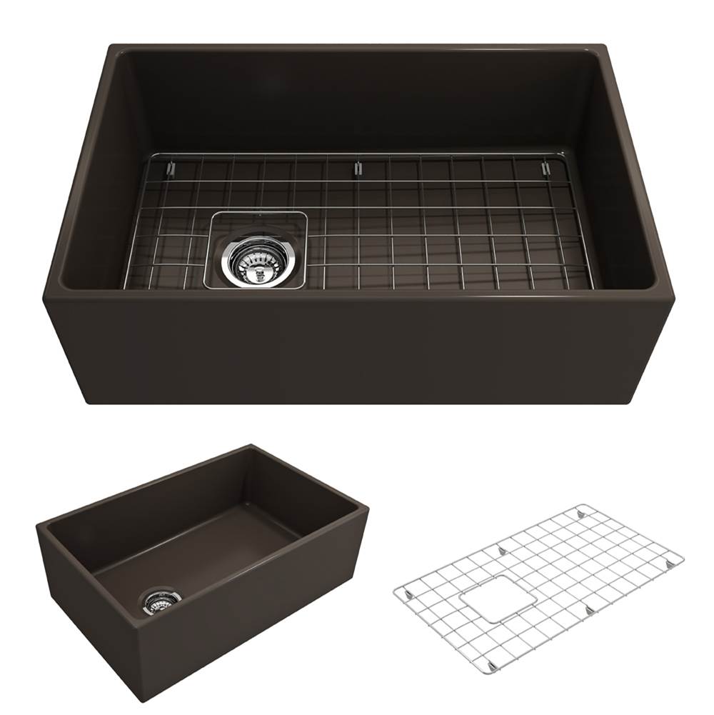 BOCCHI - Contempo Apron Front Fireclay 30 in. Single Bowl Kitchen Sink with Protective Bottom Grid and Strainer in Matte Brown - Matte Brown