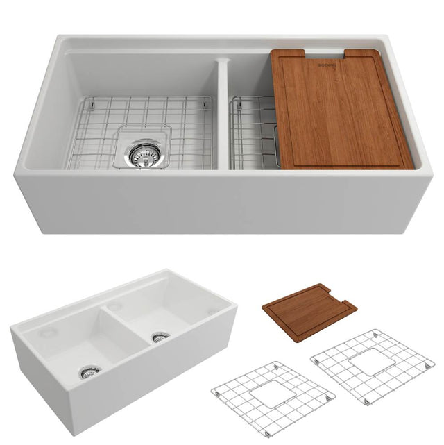 BOCCHI - Contempo Step-Rim Apron Front Fireclay 36 in. Double Bowl Kitchen Sink with Integrated Work Station & Accessories in White - White