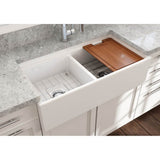Contempo Step-Rim Apron Front Fireclay 36 in. Double Bowl Kitchen Sink with Integrated Work Station & Accessories in White