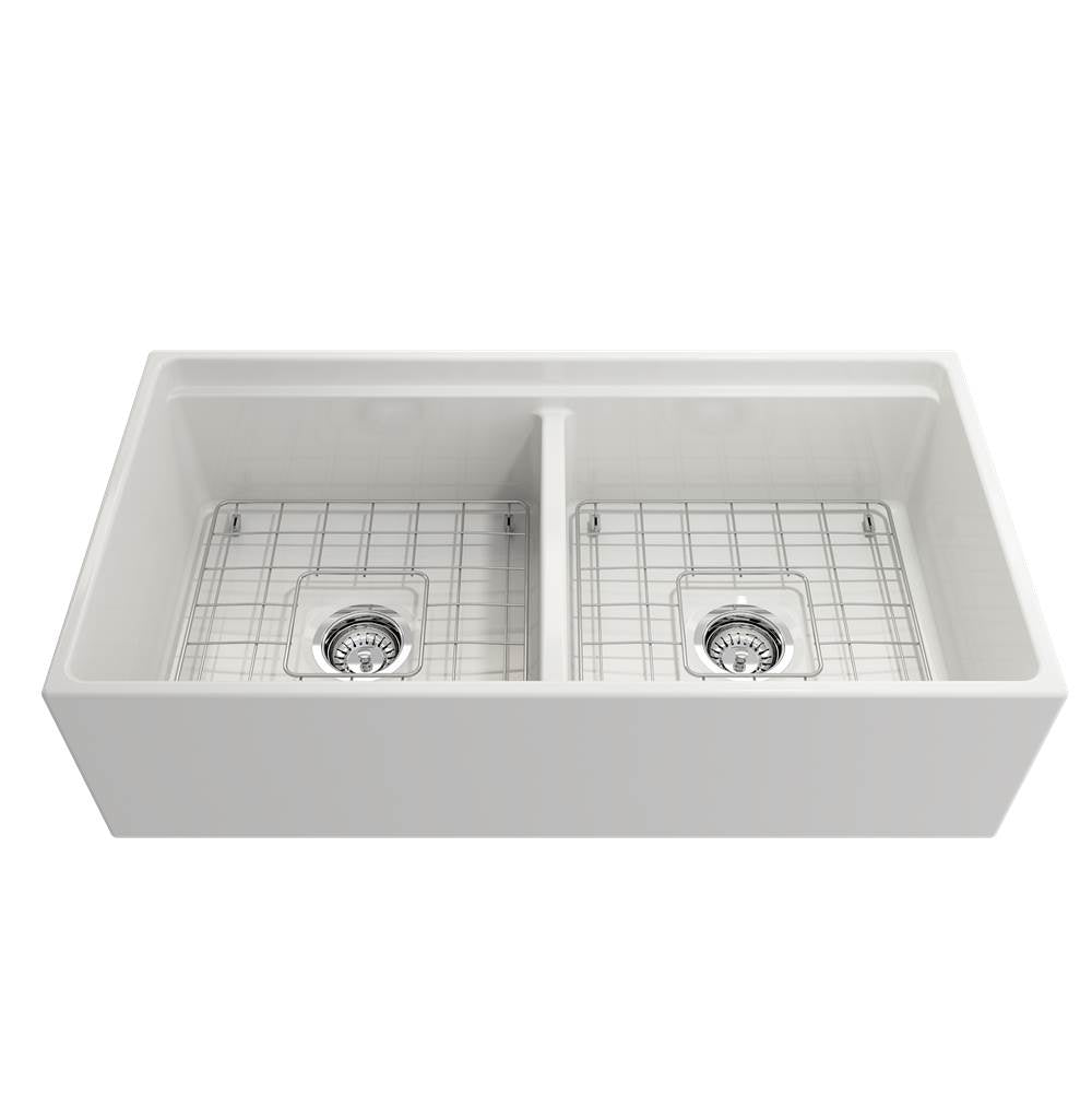 Contempo Step-Rim Apron Front Fireclay 36 in. Double Bowl Kitchen Sink with Integrated Work Station & Accessories in White