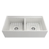 Contempo Step-Rim Apron Front Fireclay 36 in. Double Bowl Kitchen Sink with Integrated Work Station & Accessories in White