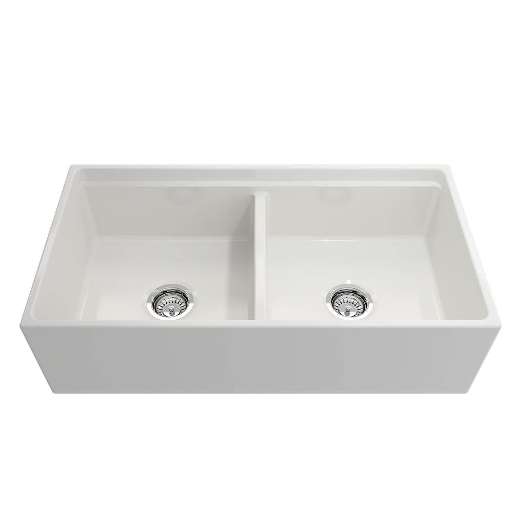 Contempo Step-Rim Apron Front Fireclay 36 in. Double Bowl Kitchen Sink with Integrated Work Station & Accessories in White