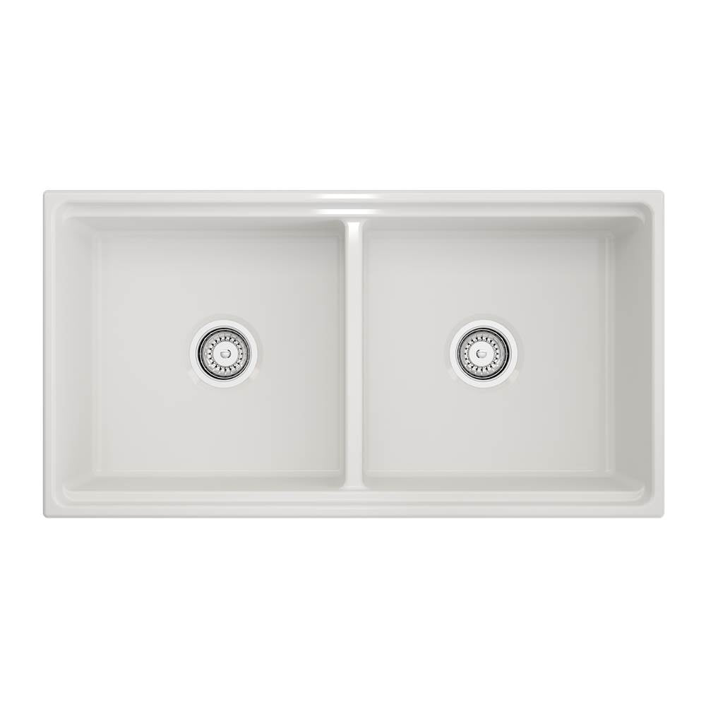 Contempo Step-Rim Apron Front Fireclay 36 in. Double Bowl Kitchen Sink with Integrated Work Station & Accessories in White