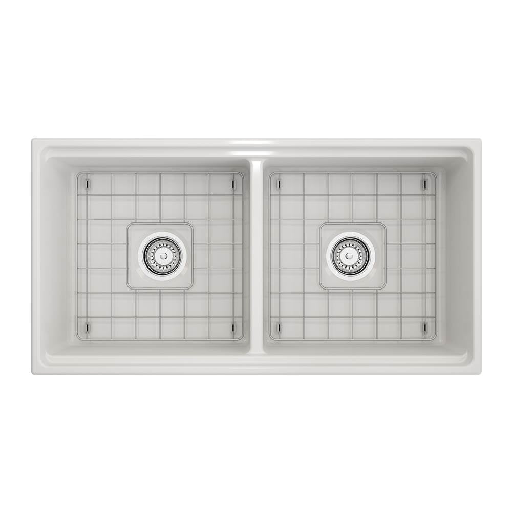 Contempo Step-Rim Apron Front Fireclay 36 in. Double Bowl Kitchen Sink with Integrated Work Station & Accessories in White