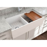 Contempo Step-Rim Apron Front Fireclay 36 in. Double Bowl Kitchen Sink with Integrated Work Station & Accessories in White