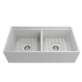 Contempo Step-Rim Apron Front Fireclay 36 in. Double Bowl Kitchen Sink with Integrated Work Station & Accessories in White