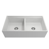 Contempo Step-Rim Apron Front Fireclay 36 in. Double Bowl Kitchen Sink with Integrated Work Station & Accessories in White