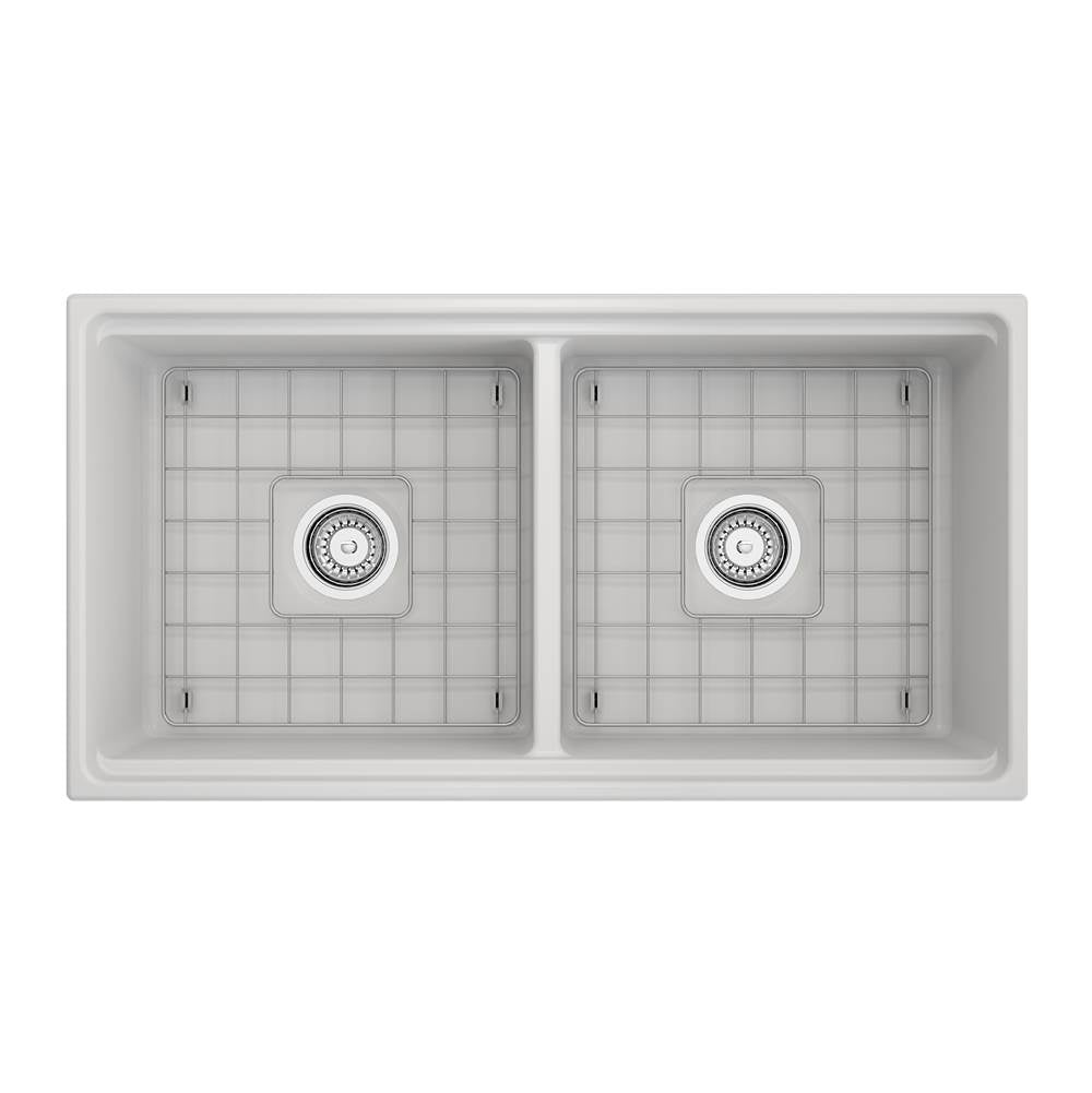 Contempo Step-Rim Apron Front Fireclay 36 in. Double Bowl Kitchen Sink with Integrated Work Station & Accessories in White