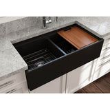 Contempo Step-Rim Apron Front Fireclay 36 in. Double Bowl Kitchen Sink with Integrated Work Station & Accessories in White