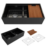 BOCCHI - Contempo Step-Rim Apron Front Fireclay 36 in. Double Bowl Kitchen Sink with Integrated Work Station & Accessories in Black - Black