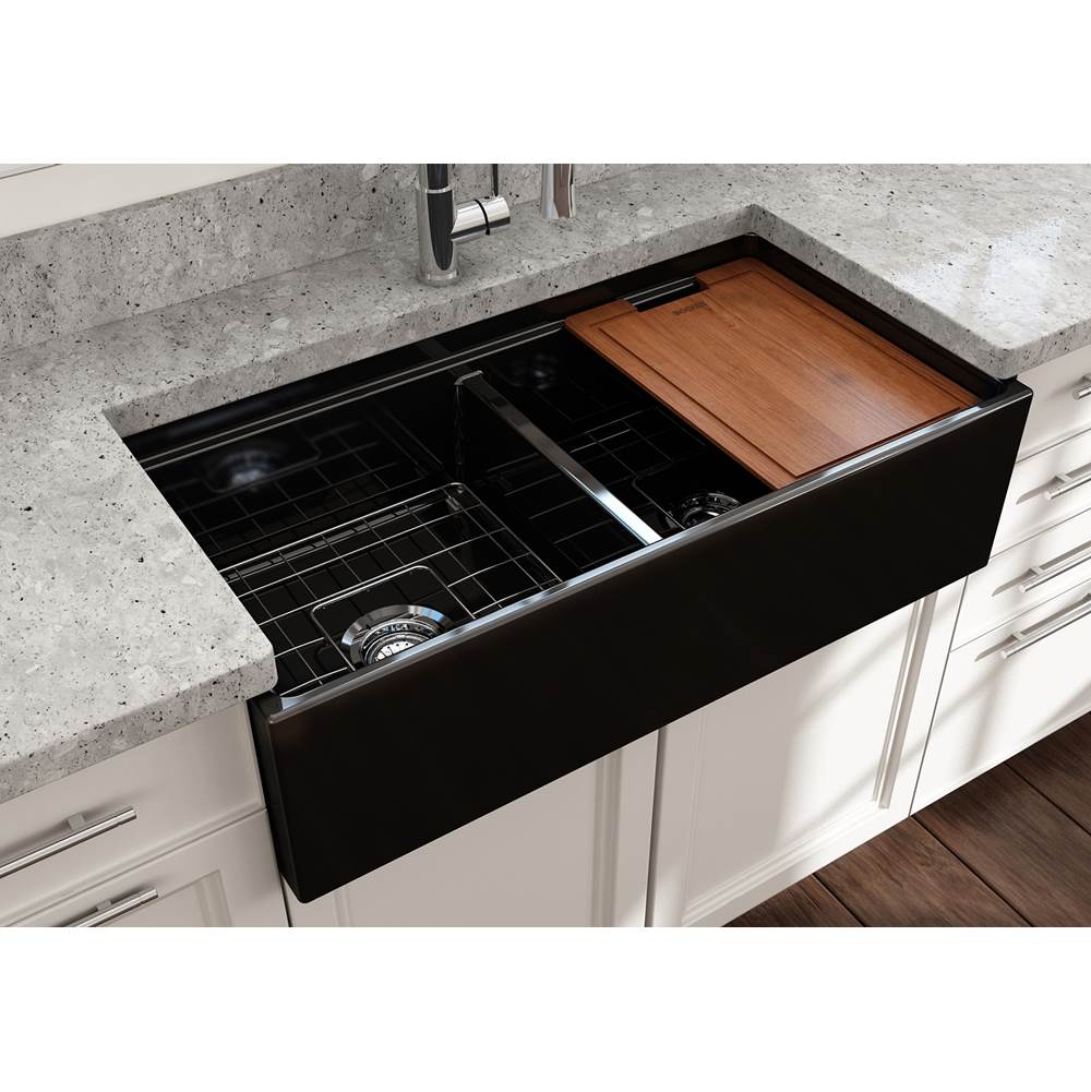 Contempo Step-Rim Apron Front Fireclay 36 in. Double Bowl Kitchen Sink with Integrated Work Station & Accessories in White