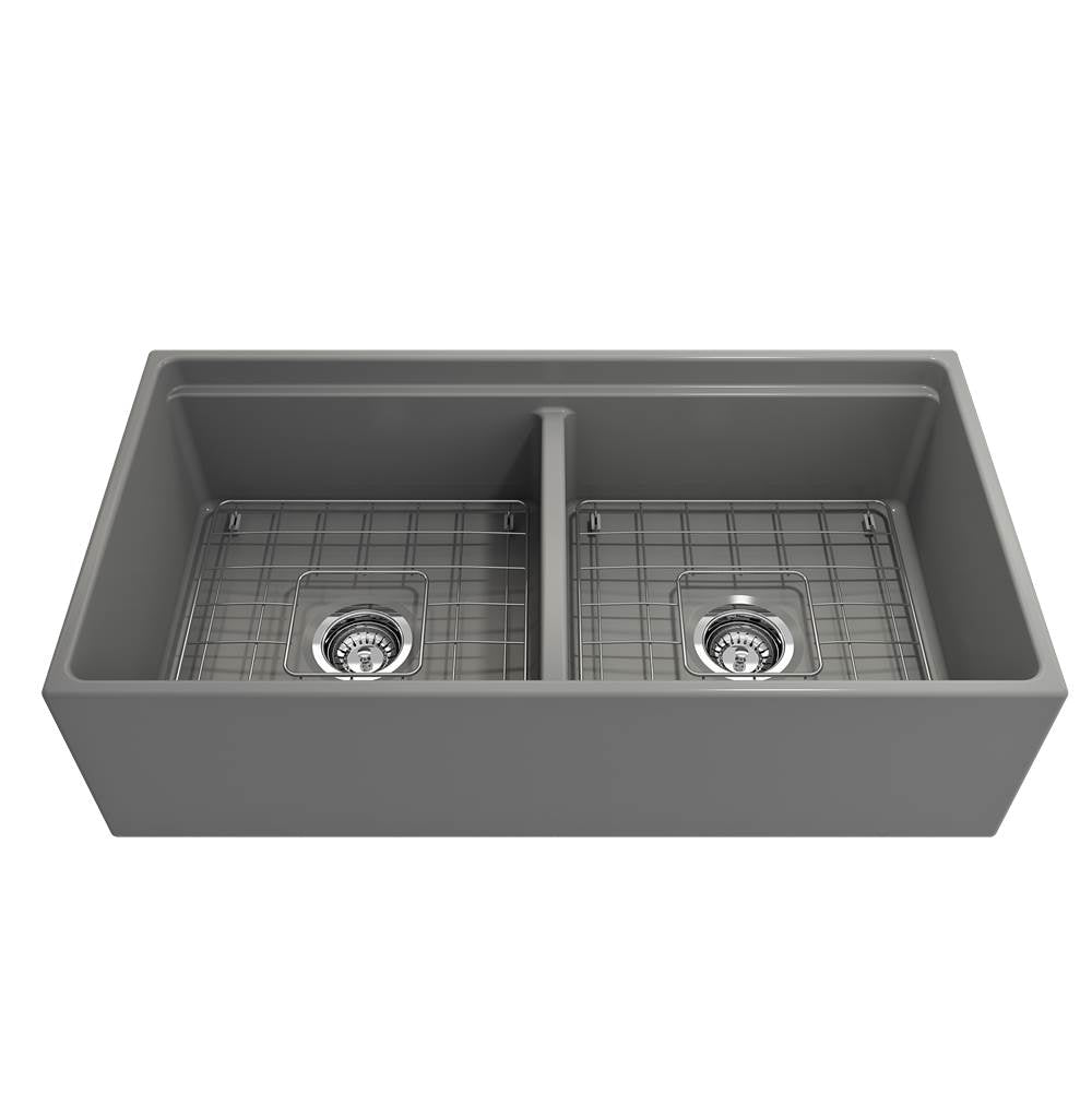 Contempo Step-Rim Apron Front Fireclay 36 in. Double Bowl Kitchen Sink with Integrated Work Station & Accessories in White