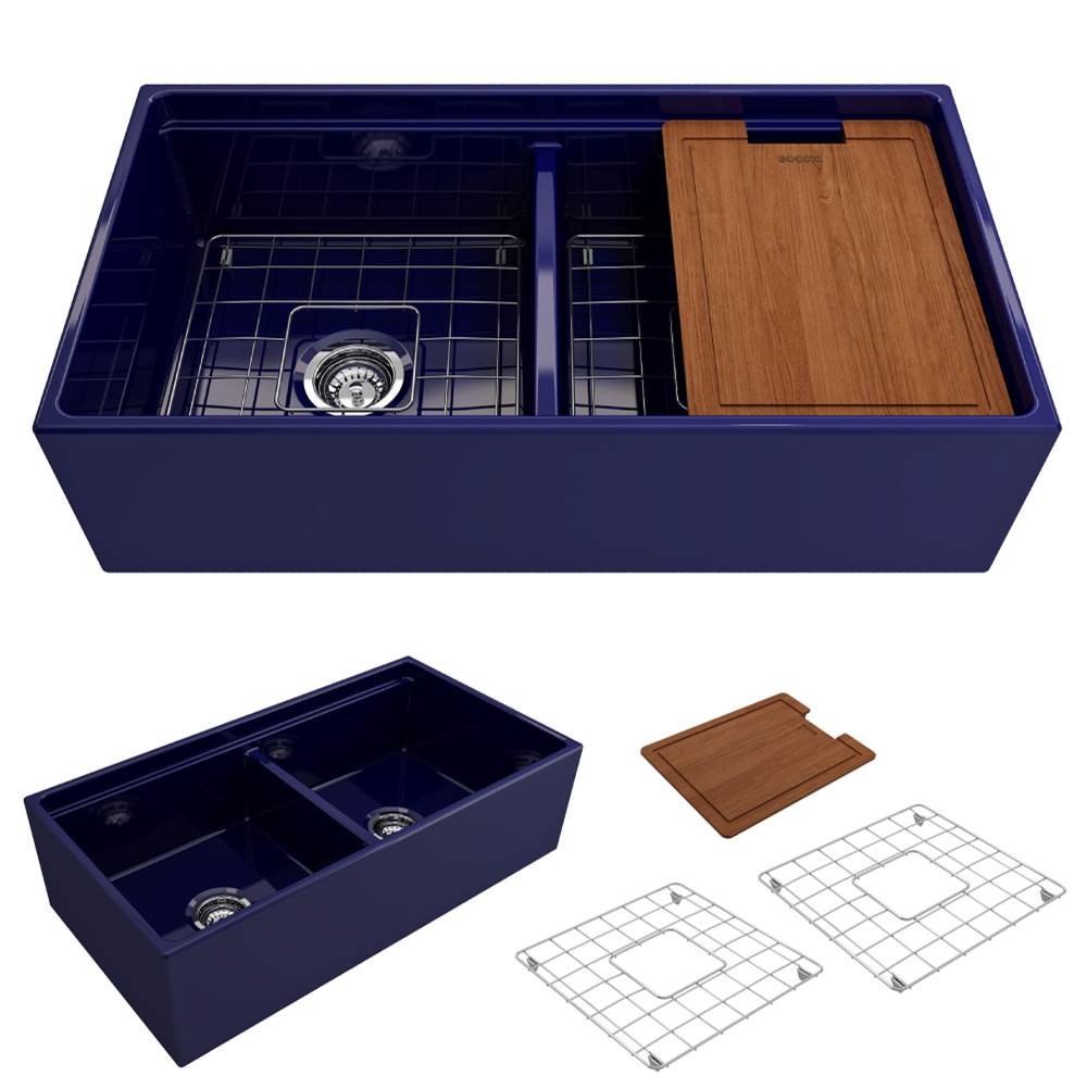 BOCCHI - Contempo Step-Rim Apron Front Fireclay 36 in. Double Bowl Kitchen Sink with Integrated Work Station & Accessories in Sapphire Blue - Sapphire Blue