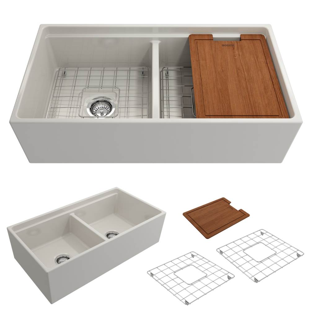 BOCCHI - Contempo Step-Rim Apron Front Fireclay 36 in. Double Bowl Kitchen Sink with Integrated Work Station & Accessories in Biscuit - Biscuit