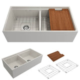 BOCCHI - Contempo Step-Rim Apron Front Fireclay 36 in. Double Bowl Kitchen Sink with Integrated Work Station & Accessories in Biscuit - Biscuit