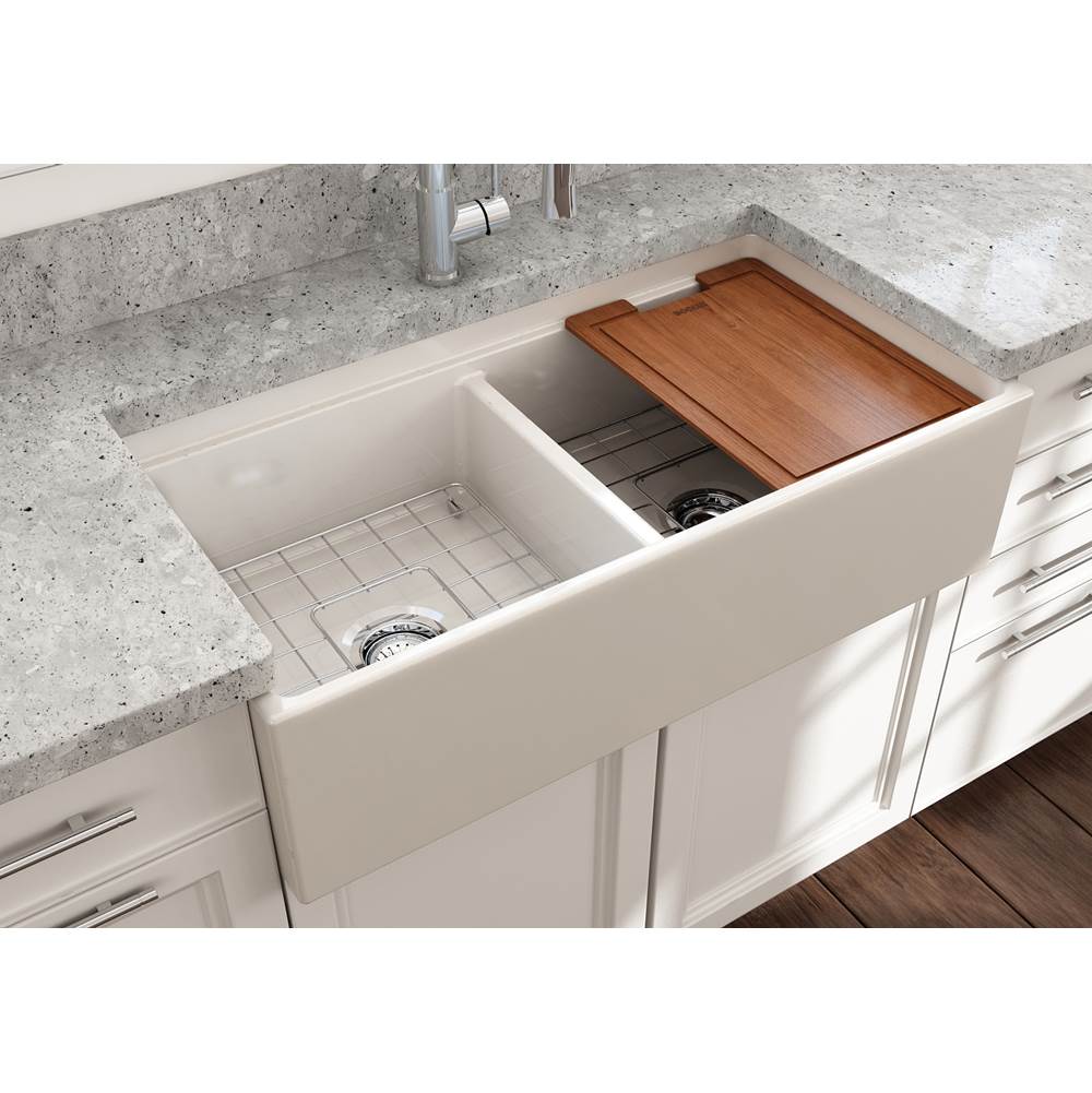 Contempo Step-Rim Apron Front Fireclay 36 in. Double Bowl Kitchen Sink with Integrated Work Station & Accessories in White