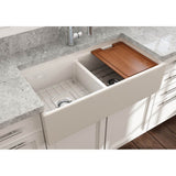 Contempo Step-Rim Apron Front Fireclay 36 in. Double Bowl Kitchen Sink with Integrated Work Station & Accessories in White
