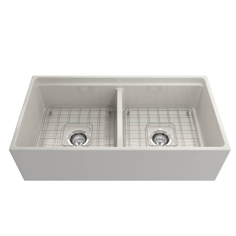 Contempo Step-Rim Apron Front Fireclay 36 in. Double Bowl Kitchen Sink with Integrated Work Station & Accessories in White