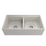 Contempo Step-Rim Apron Front Fireclay 36 in. Double Bowl Kitchen Sink with Integrated Work Station & Accessories in White