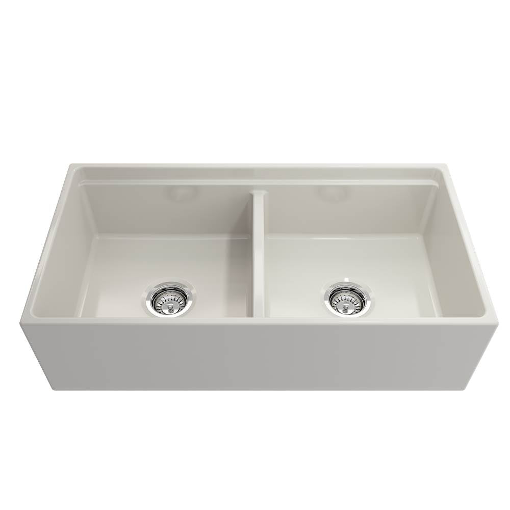 Contempo Step-Rim Apron Front Fireclay 36 in. Double Bowl Kitchen Sink with Integrated Work Station & Accessories in White