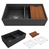 BOCCHI - Contempo Step-Rim Apron Front Fireclay 36 in. Double Bowl Kitchen Sink with Integrated Work Station & Accessories in Matte Dark Gray - Matte Dark Gray