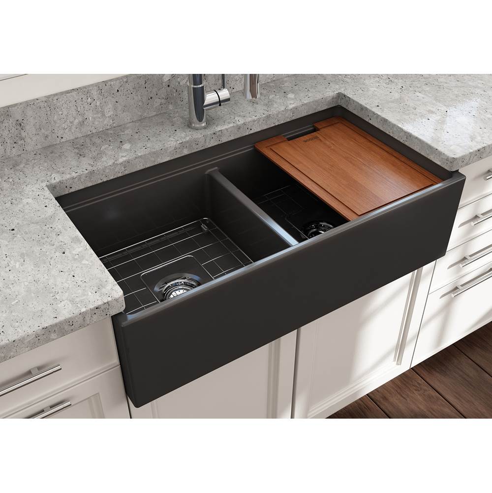Contempo Step-Rim Apron Front Fireclay 36 in. Double Bowl Kitchen Sink with Integrated Work Station & Accessories in White