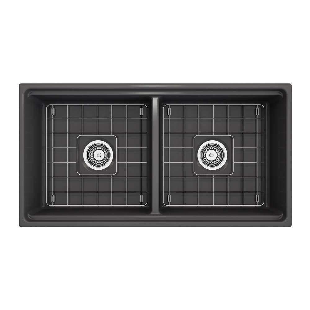 Contempo Step-Rim Apron Front Fireclay 36 in. Double Bowl Kitchen Sink with Integrated Work Station & Accessories in White