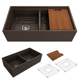BOCCHI - Contempo Step-Rim Apron Front Fireclay 36 in. Double Bowl Kitchen Sink with Integrated Work Station & Accessories in Matte Brown - Matte Brown