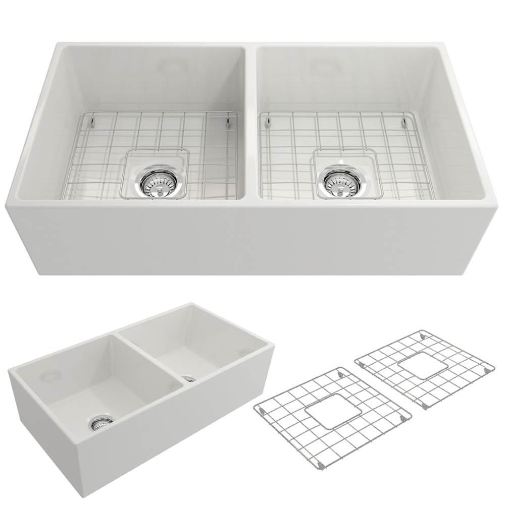 BOCCHI - Contempo Apron Front Fireclay 36 in. Double Bowl Kitchen Sink with Protective Bottom Grids and Strainers in White - White