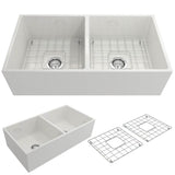 BOCCHI - Contempo Apron Front Fireclay 36 in. Double Bowl Kitchen Sink with Protective Bottom Grids and Strainers in White - White