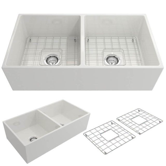 BOCCHI - Contempo Apron Front Fireclay 36 in. Double Bowl Kitchen Sink with Protective Bottom Grids and Strainers in White - White